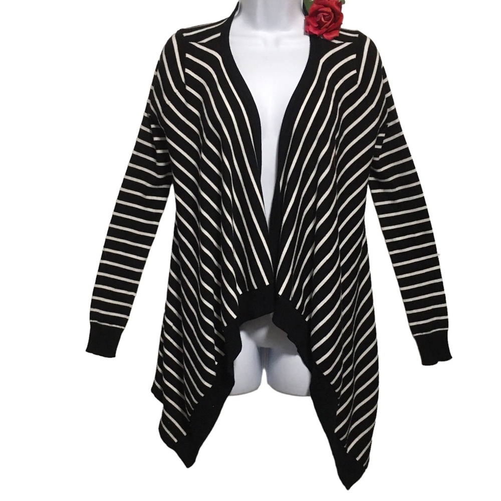 Drape front striped cardigan Chocolate black white stripes Sm EUC